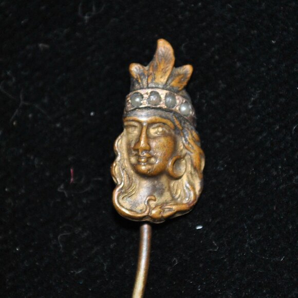 Antique Art Nouveau Woman Stick Pin with Seed Pearls & Feather Head Piece - Picture 1 of 8